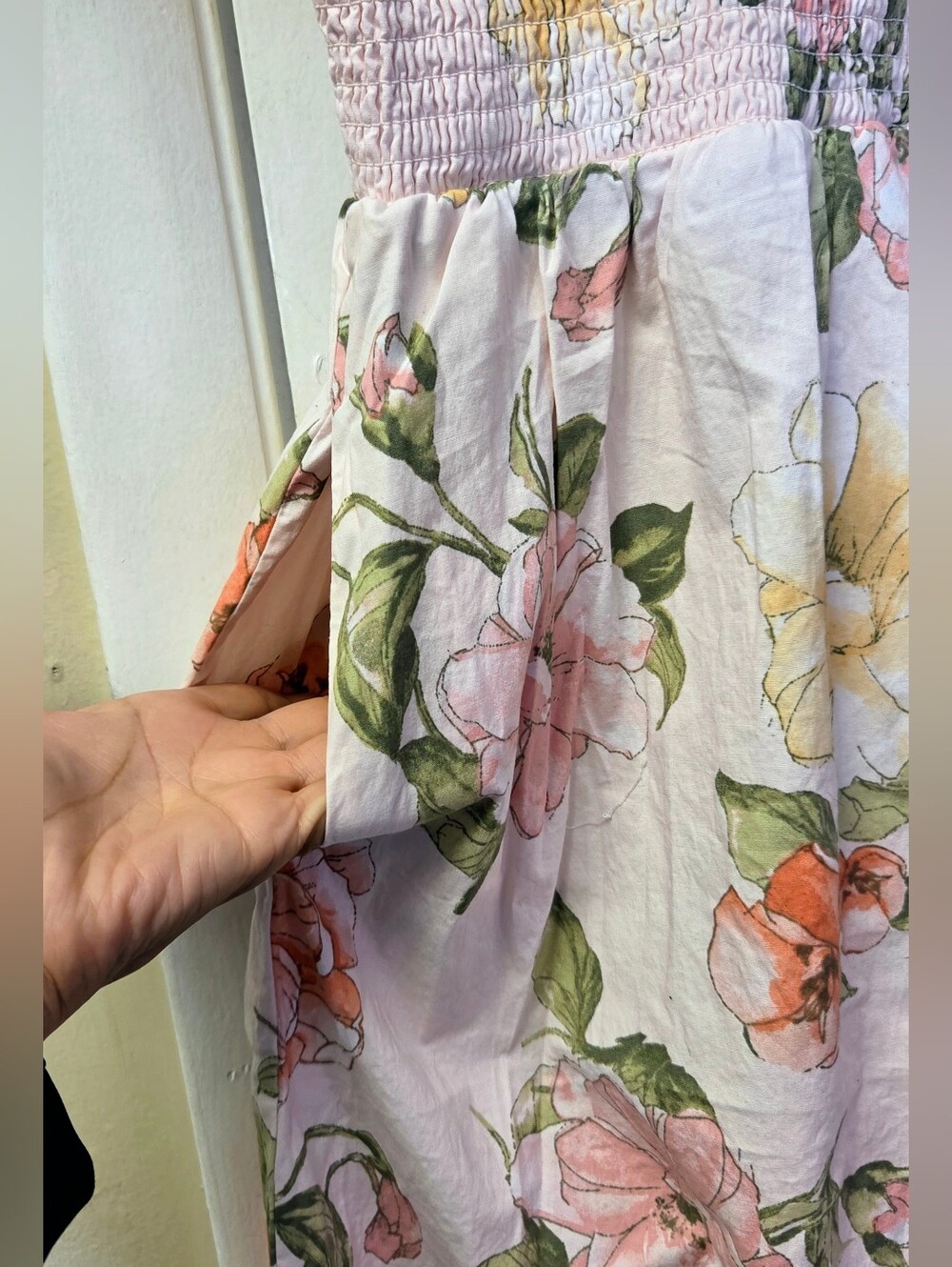 Joie Floral Smocked Maxi Dress Pink Yellow Size S Cottagecore Sundress Pockets - Picture 7 of 13